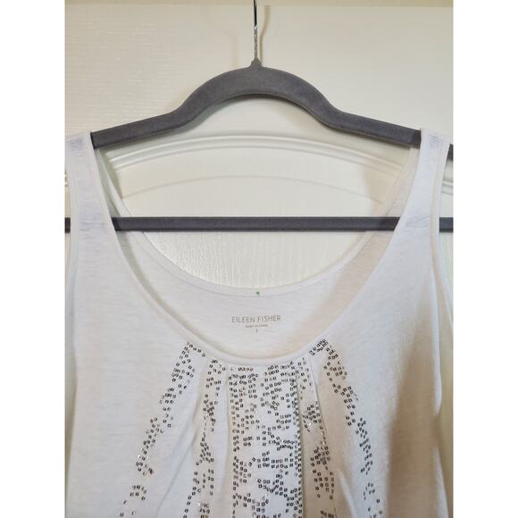 Eileen Fisher 100% Linen White Silver Sequined Relaxed Tank Top, Size Small - Picture 3 of 11